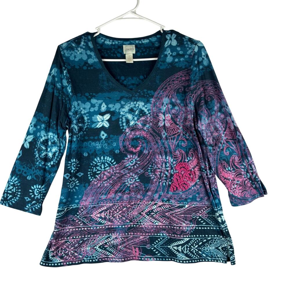 Chico's Paisley Top Women's Medium Beaded Embroidered 3/4 Sleeve Knit Artsy Y2K